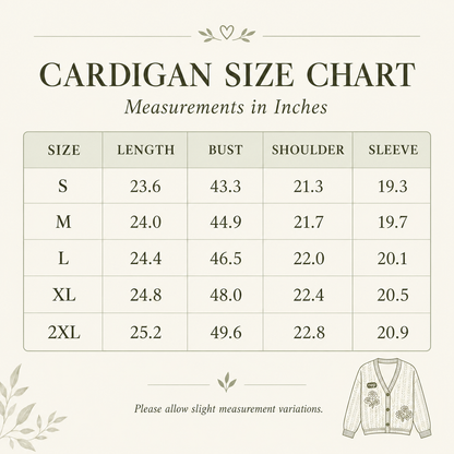 Cardigan size chart table showing measurements in inches for sizes S through 2XL, with columns for size, length, bust, shoulder, and sleeve. The chart is presented on a light beige background with decorative leaf motifs and a small cardigan illustration at the bottom right.