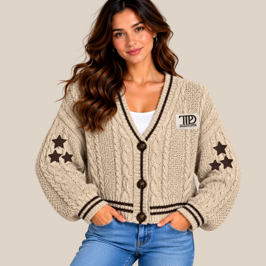 A woman wearing a beige cable-knit cardigan with black trim, brown buttons, and black star patches on the sleeves, paired with blue jeans against a solid beige background.