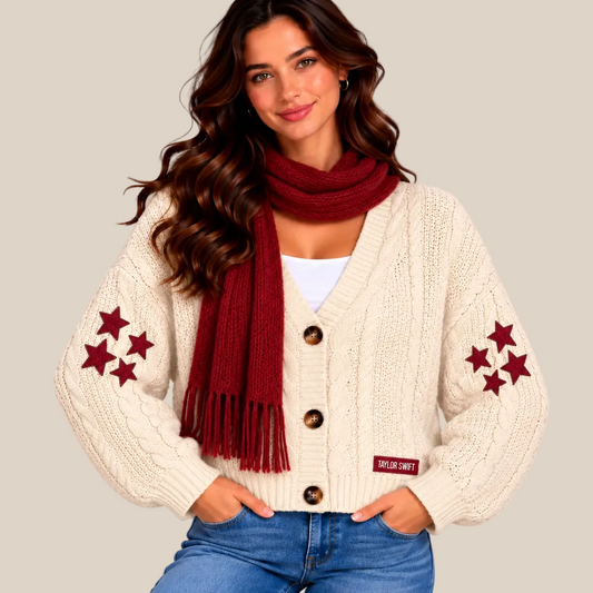 A woman models a cream cable-knit cardigan sweater with dark red embroidered star patterns on the sleeves and a matching dark red knit scarf, styled with blue jeans and a white top.
