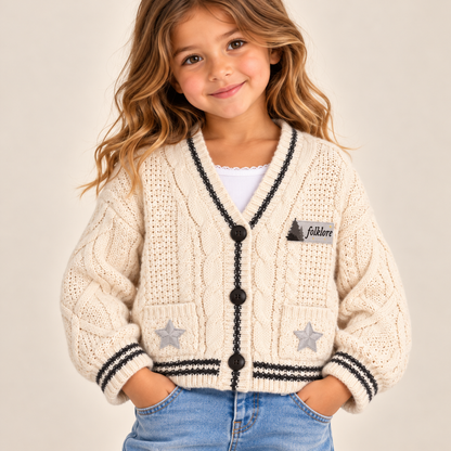 A young girl with wavy light brown hair wearing a cream cable-knit cardigan with black trim, black buttons, and gray star details on the pockets. The cardigan has a 'foldere' brand patch on the chest.
