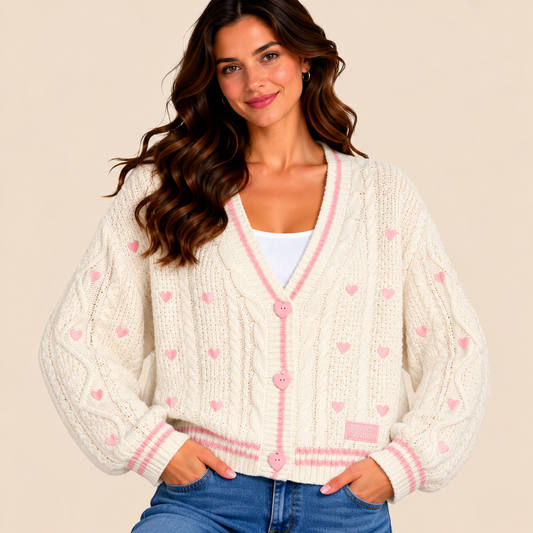 A woman wearing a cream cable-knit cardigan with pink trim and pink heart details, paired with a white top and blue jeans, against a solid beige background.