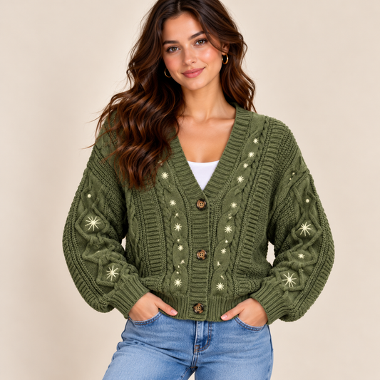 A woman wearing an olive green cable-knit cardigan with starburst details and brown buttons, paired with blue jeans, against a solid beige background.