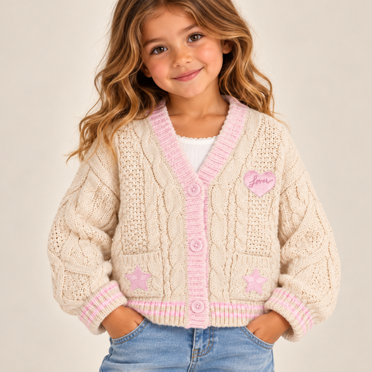 A young girl with wavy light brown hair wearing a cream cable-knit cardigan with pink trim, pink buttons, and pink embroidered patches, paired with blue jeans against a light beige background.