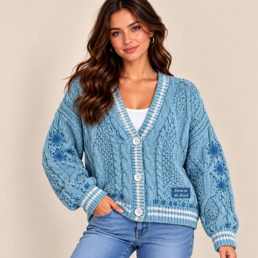 A woman wearing a light blue cable-knit cardigan with white striped trim and white buttons, paired with blue jeans, against a solid beige background.