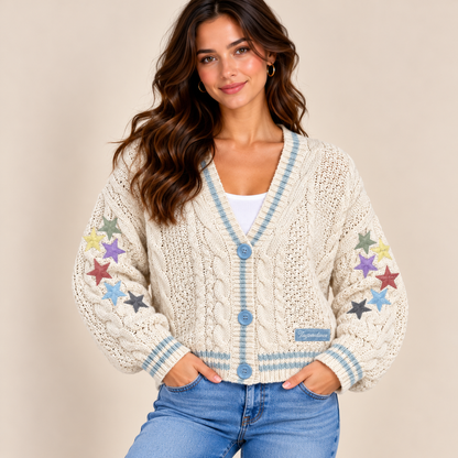 A woman wearing a cream cable-knit cardigan with blue striped trim and colorful star embellishments on the sleeves, paired with blue jeans against a plain beige background.