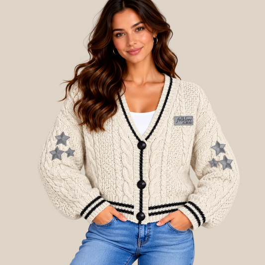 A woman wearing a cream cable-knit cardigan with black trim, black buttons, and gray star patches on the sleeves, paired with blue jeans against a solid beige background.