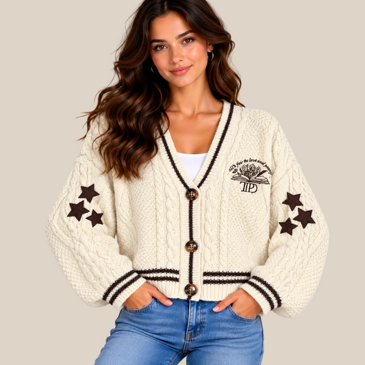A woman wearing a cream cable-knit cardigan with dark brown trim, star patches on the sleeves, and a floral chest graphic, paired with blue jeans against a solid beige background.