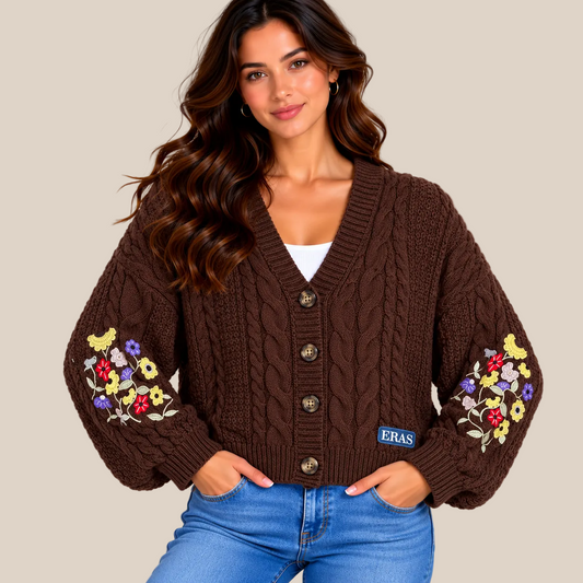A woman wearing a brown cable-knit cardigan with colorful floral embroidery on the sleeves and a visible ERAS logo patch near the hem, paired with blue jeans against a plain beige studio background.