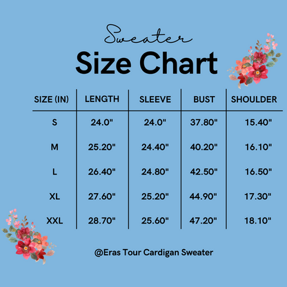 Sweater size chart with floral decorations on a blue background