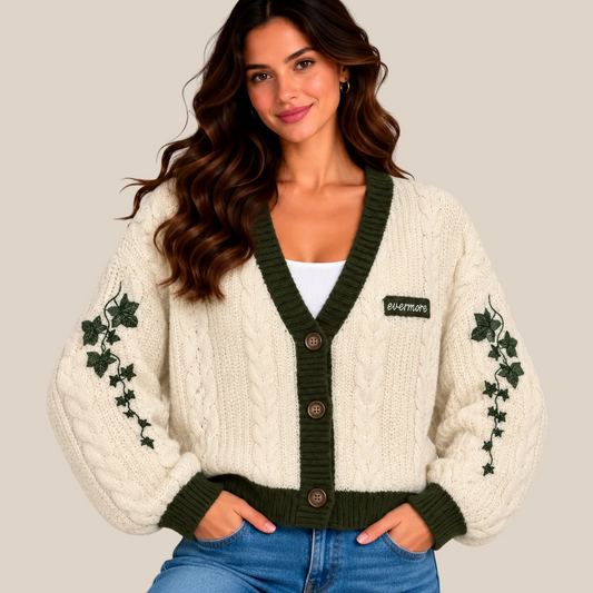 A woman wearing a cream cable-knit cardigan with dark green trim, green vine embroidery on the sleeves, and a small 'evermore' brand patch on the chest, paired with blue jeans against a beige studio background.