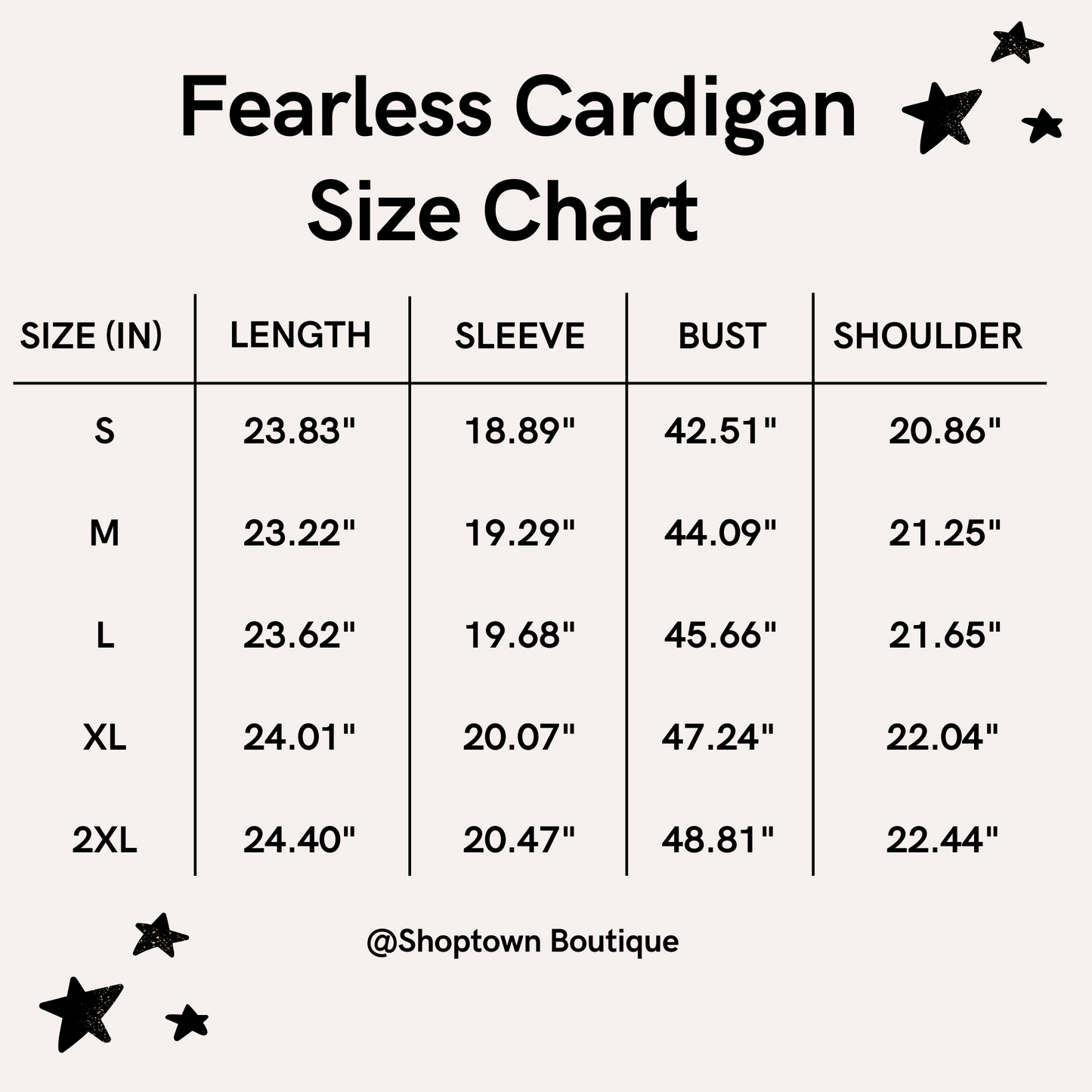 Fearless Cardigan Taylors Version Size Chart - Shoptown Boutique