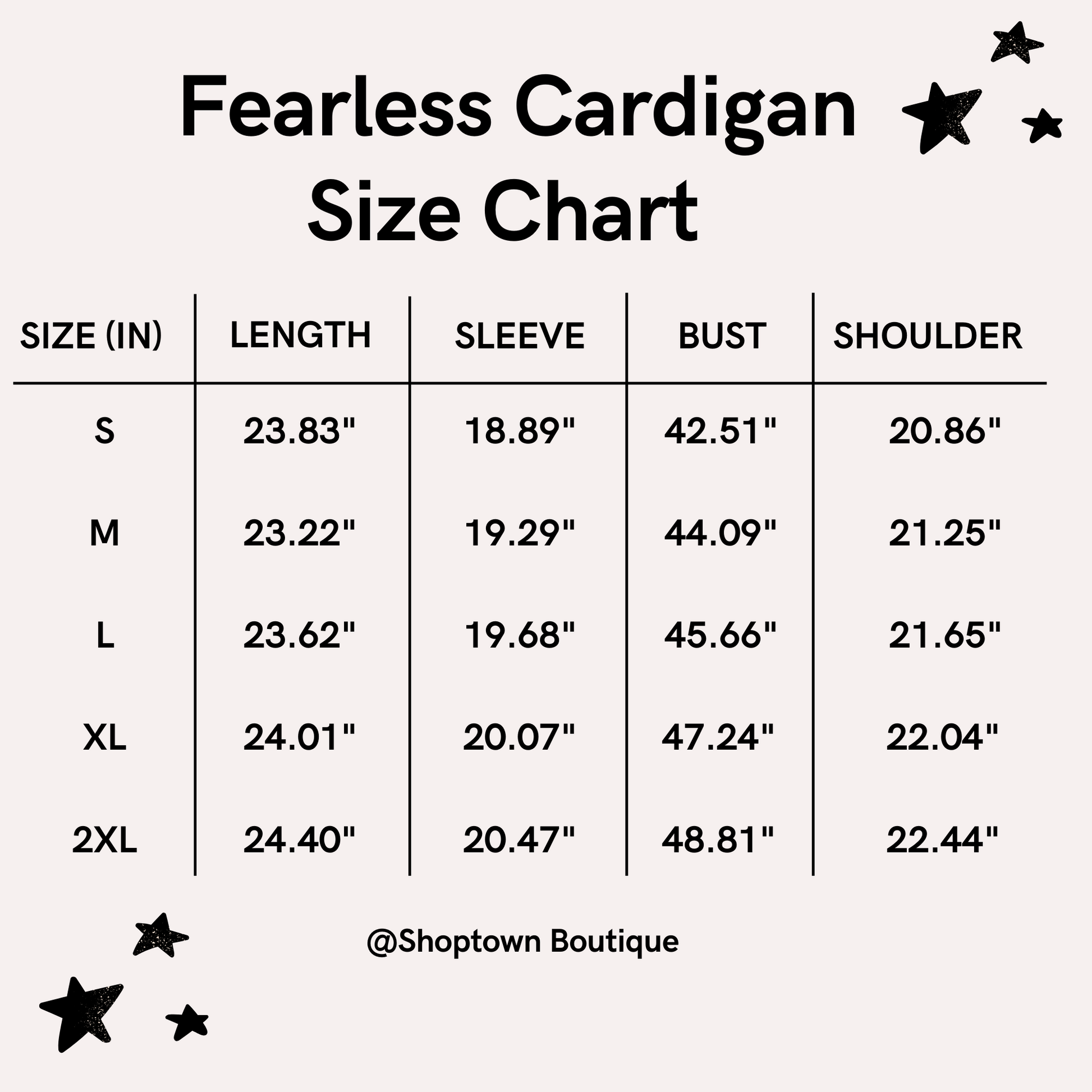 Fearless Cardigan Taylors Version Size Chart - Shoptown Boutique
