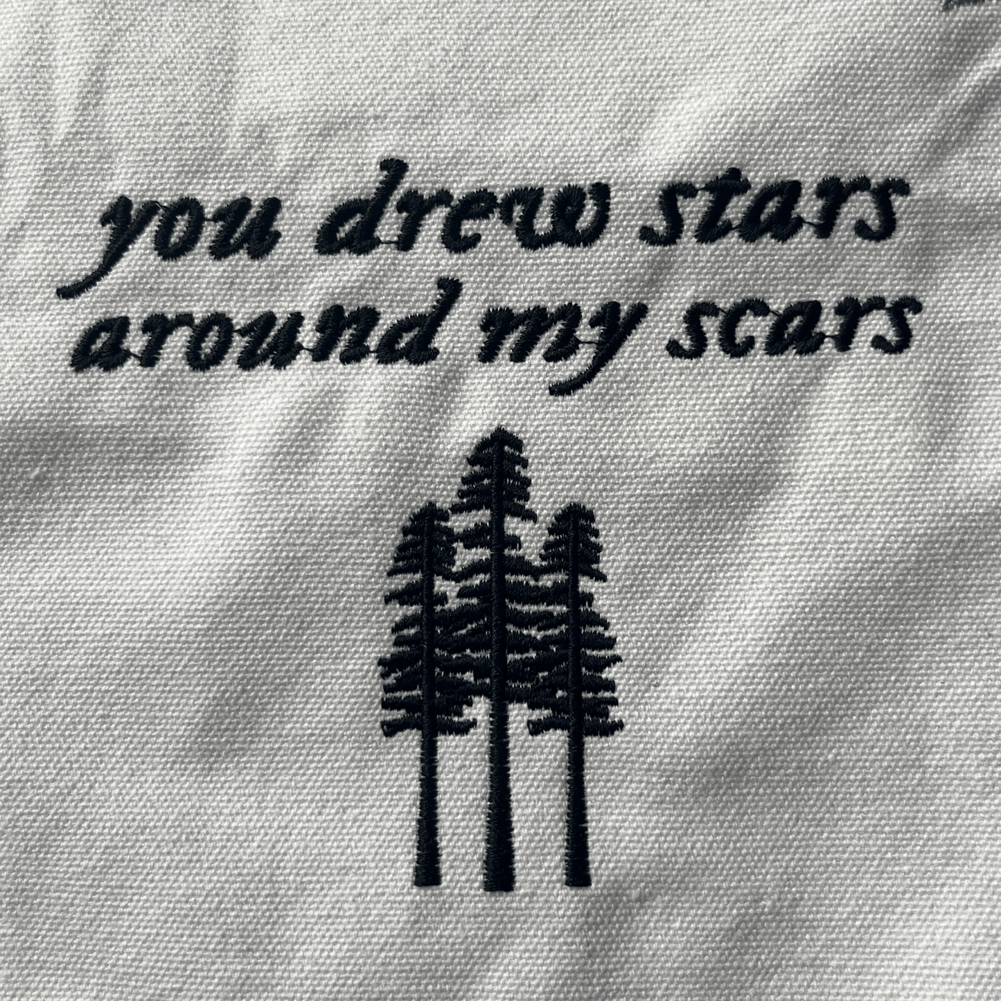Taylor Swift Tote Bag, Folklore Tote Bag with embroidered text 'you drew stars around my scars' - Shoptown Boutique