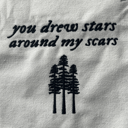Taylor Swift Tote Bag, Folklore Tote Bag with embroidered text 'you drew stars around my scars' - Shoptown Boutique