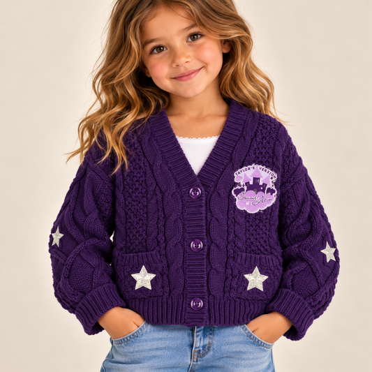 A young girl with wavy light brown hair wearing a purple cable-knit cardigan sweater with silver star patches and a purple embroidered crest on the chest, paired with a white top and blue jeans, against a plain beige background.