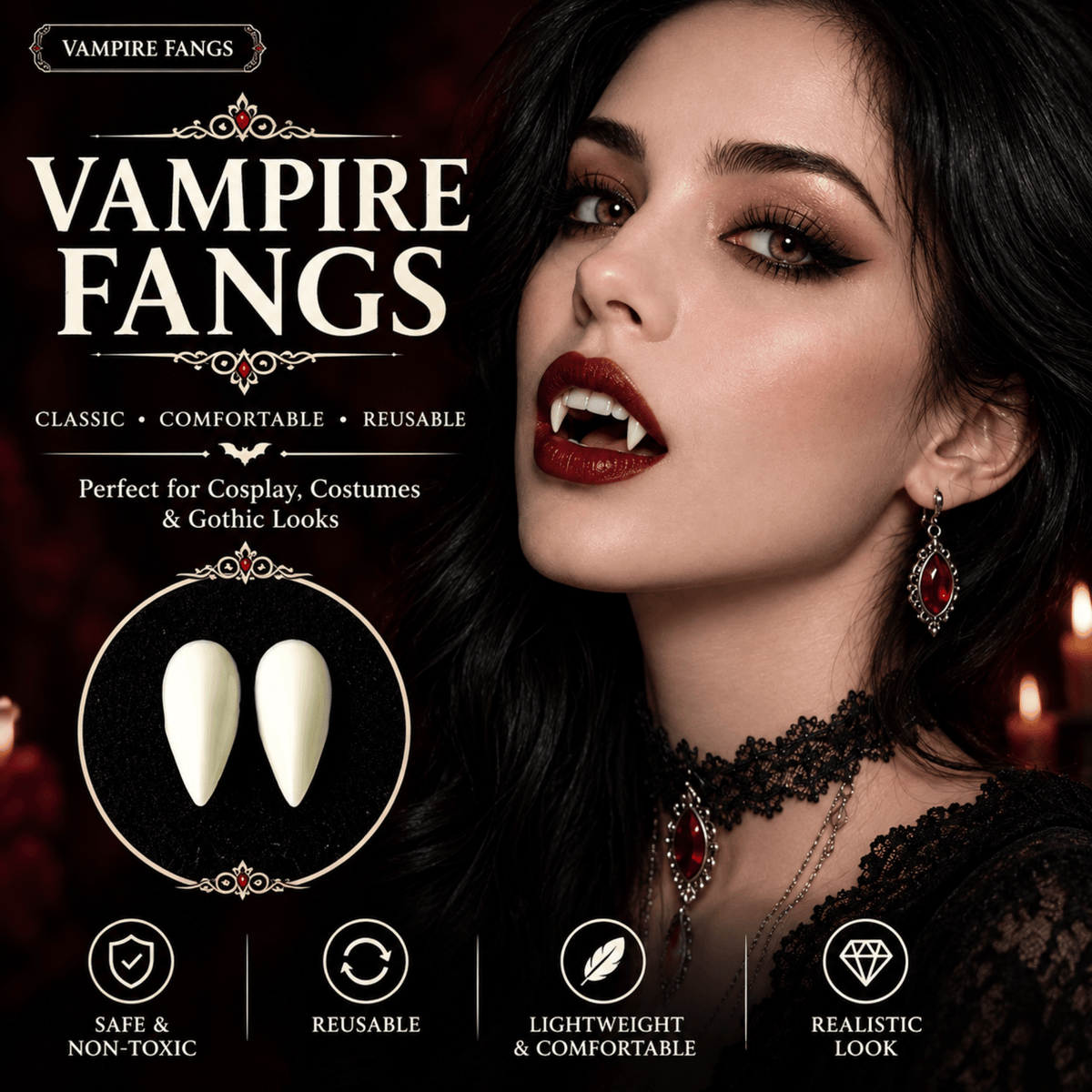 Vampire Fangs costume jewelry set shown on a dark promotional graphic with a woman wearing the product. The image includes the text 'Vampire Fangs' and icons noting safe, non-toxic, reusable, lightweight, and realistic look.
