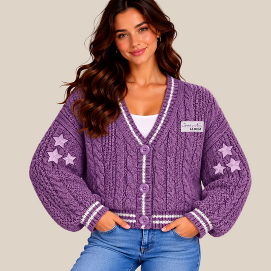 A woman wearing a purple cable-knit cardigan with white striped trim, star details on the sleeves, and a white top underneath, paired with blue jeans against a beige studio background.