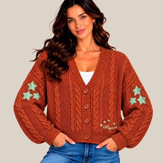 Showgirl Orange Cardigan, Green Star Eras Knit Sweater