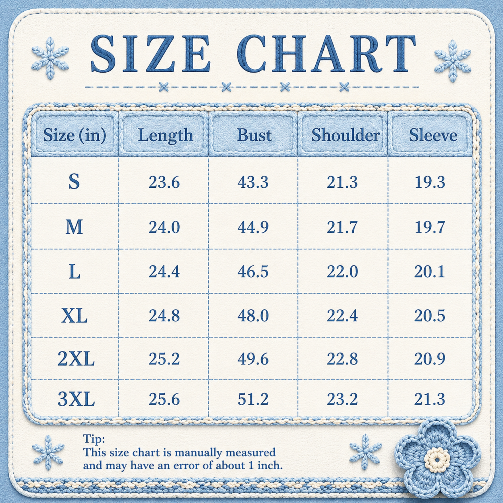 A size chart graphic with a stitched blue-and-white border and the heading 'SIZE CHART' at the top. The table lists sizes S through 3XL with measurements for length, bust, shoulder, and sleeve in inches, plus a small tip note at the bottom.