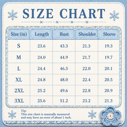 A size chart graphic with a stitched blue-and-white border and the heading 'SIZE CHART' at the top. The table lists sizes S through 3XL with measurements for length, bust, shoulder, and sleeve in inches, plus a small tip note at the bottom.