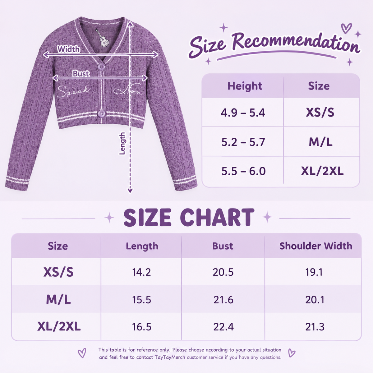 Purple size chart and measurement diagram for a cropped knit sweater, showing a labeled front view with width, bust, and length arrows, plus a size table mapping heights to sizes XS/S, M/L, and XL/2L.