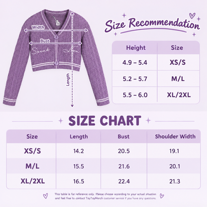 Purple size chart and measurement diagram for a cropped knit sweater, showing a labeled front view with width, bust, and length arrows, plus a size table mapping heights to sizes XS/S, M/L, and XL/2L.