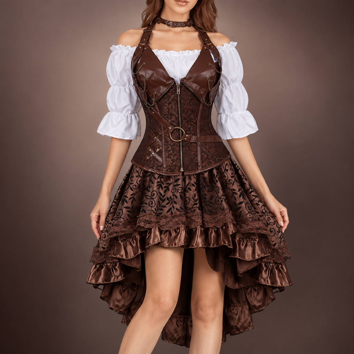 Women's Victorian Steampunk Costume | Brown Corset & Ruffled Skirt