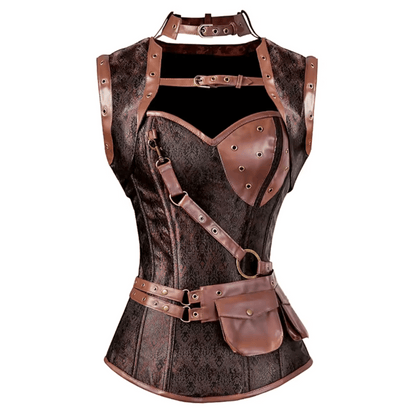 Steampunk brown leather corset with metal accents on a white background