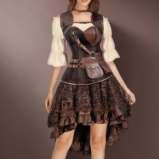 Steampunk-style dress with intricate details on a plain background