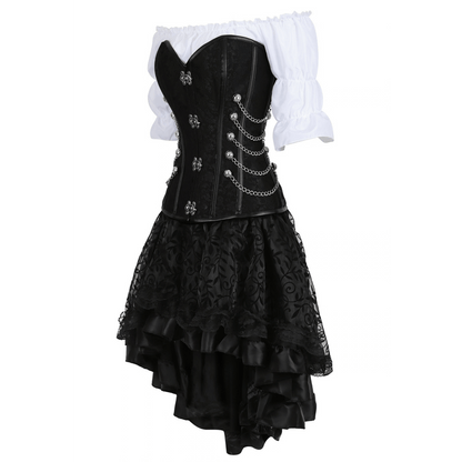 Black steampunk faux leather corset with buckle and rivet detailing close up