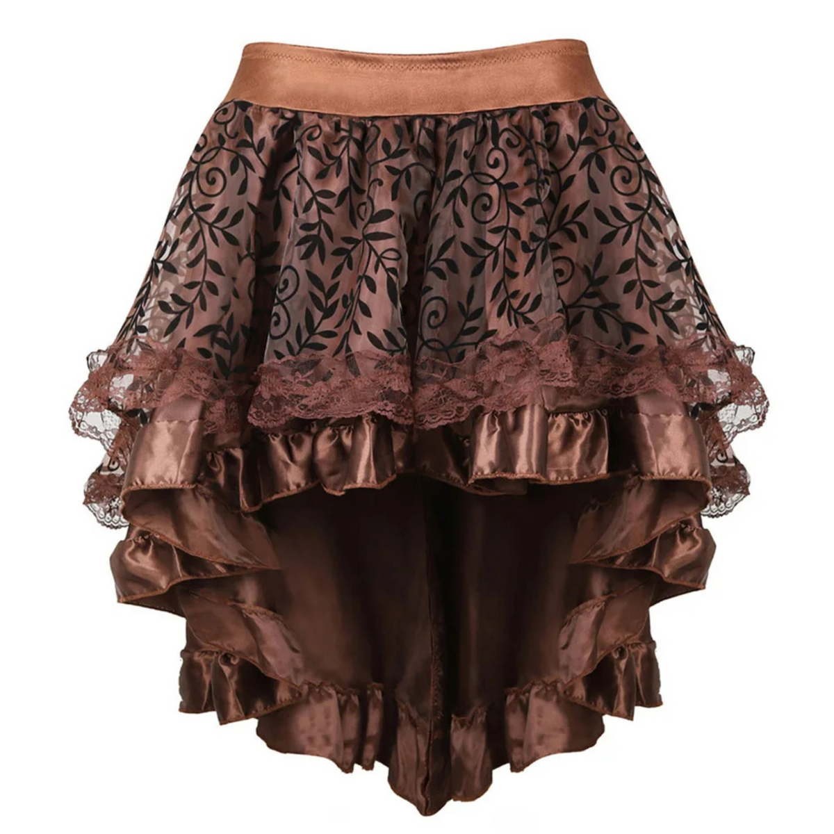 Steampunk Brown lace skirt with ruffled layers on a white background