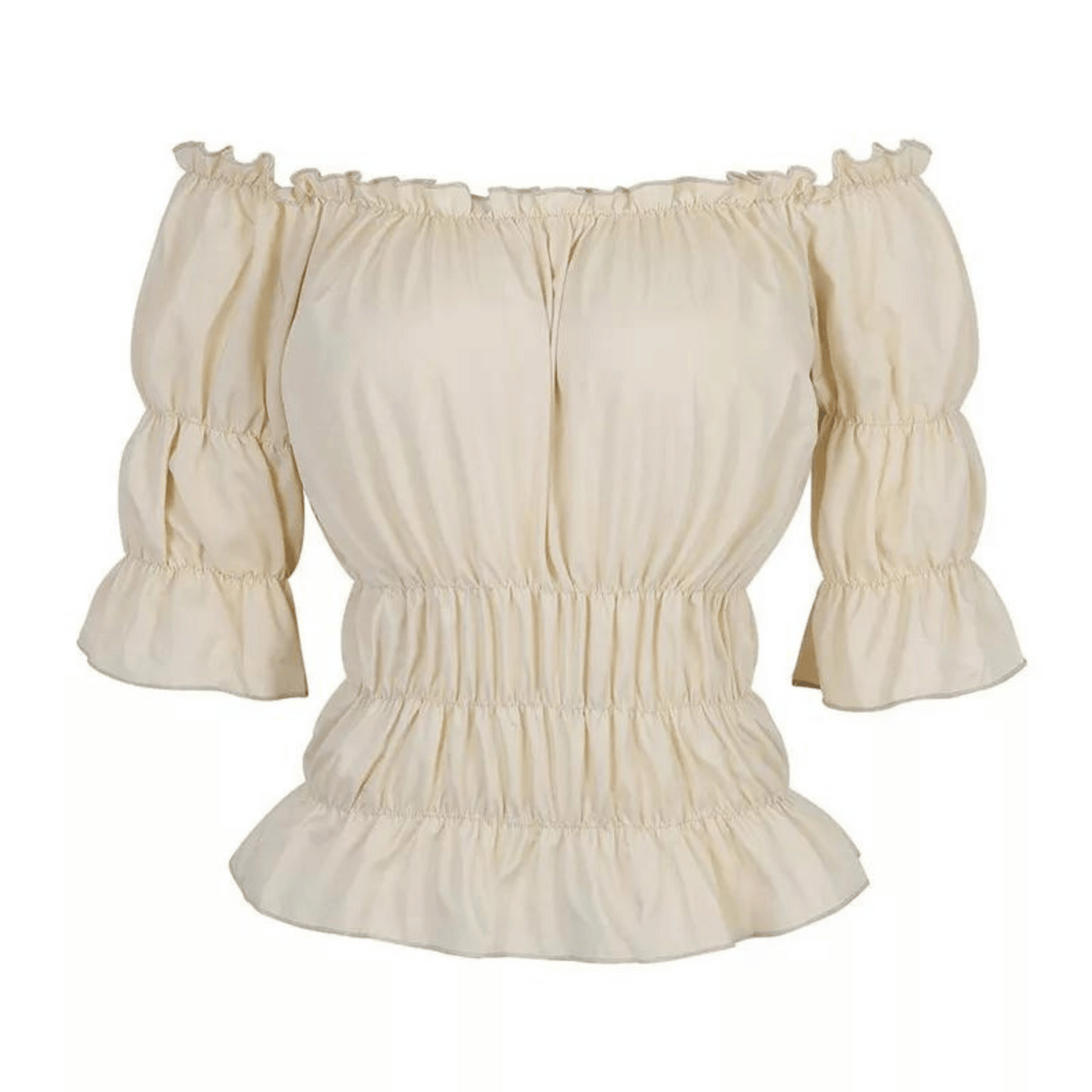 Steampunk cream-colored off-shoulder top with puff sleeves on a white background