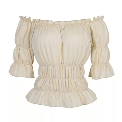 Steampunk cream-colored off-shoulder top with puff sleeves on a white background