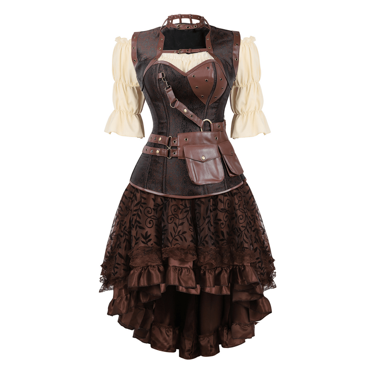 Steampunk-style dress with brown leather accents on a white background