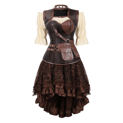Steampunk-style dress with brown leather accents on a white background