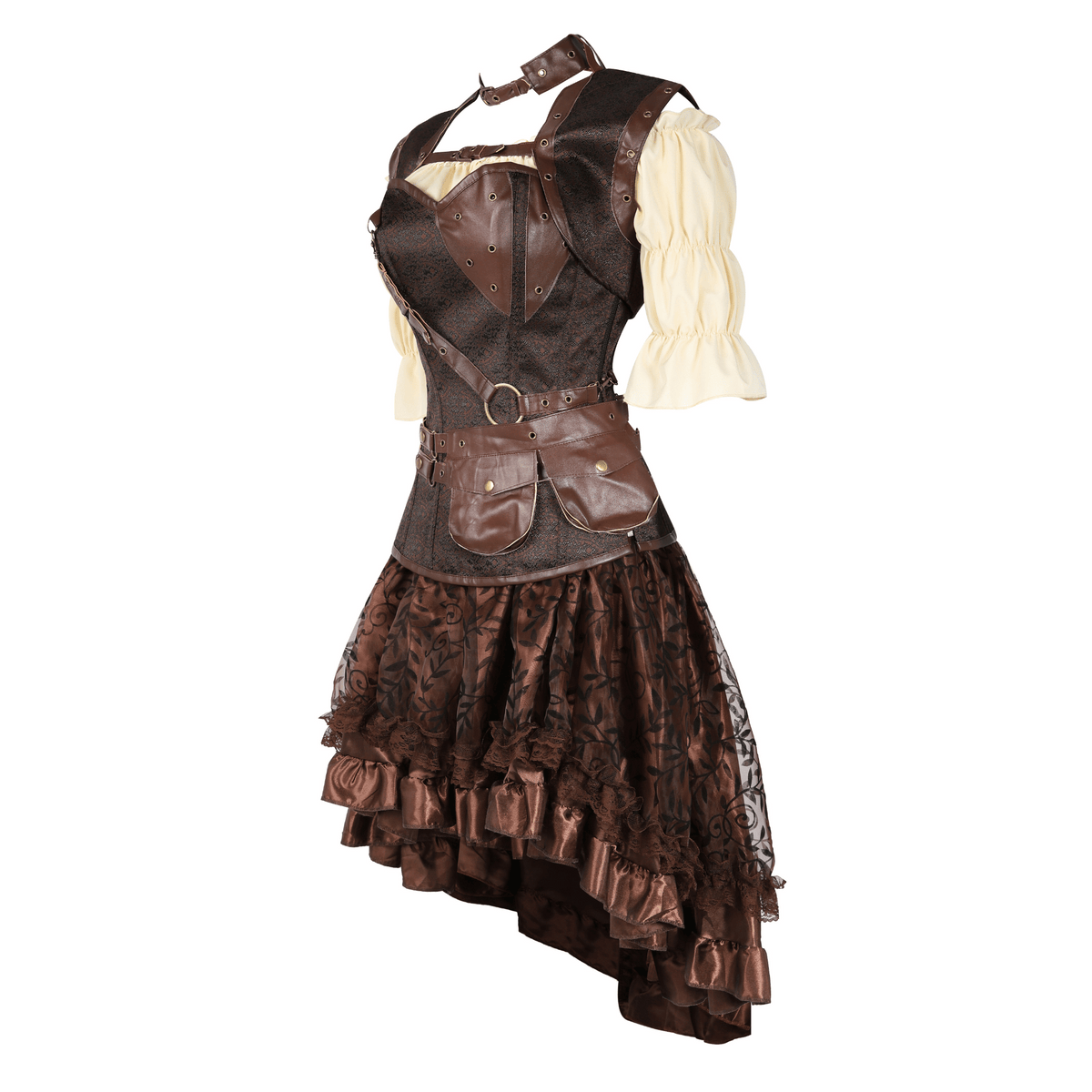 Steampunk-style dress with leather vest and ruffled skirt on a white background