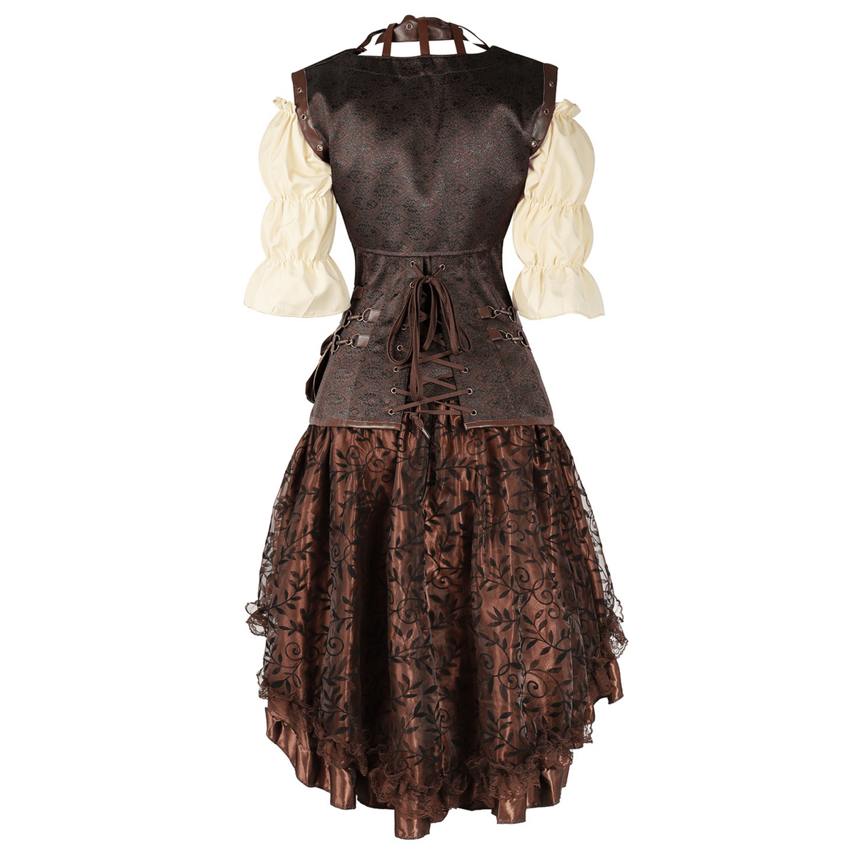 Steampunk-style dress with brown and beige colors on a white background