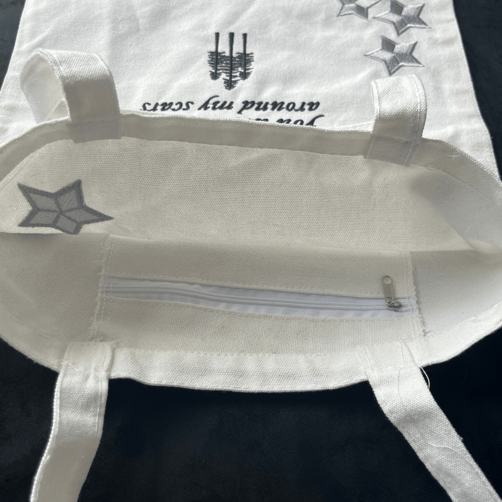 Taylor Swift Folklore Tote Bag with black text and star designs on a dark background -  Shoptown Boutique