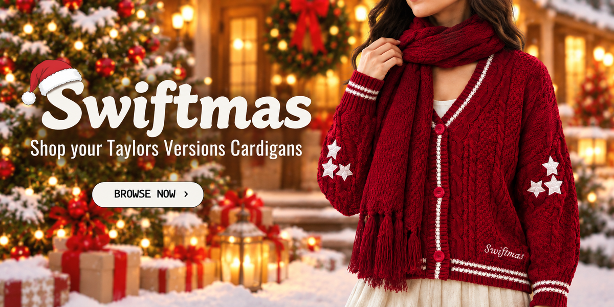 A woman wearing a festive red cable-knit cardigan and matching scarf with white trim and star details, posed in front of a decorated Christmas tree and holiday lights. Large text reads 'Swiftmas' and 'Shop your Taylors Versions Cardigans' with a 'BROWSE NOW' button.