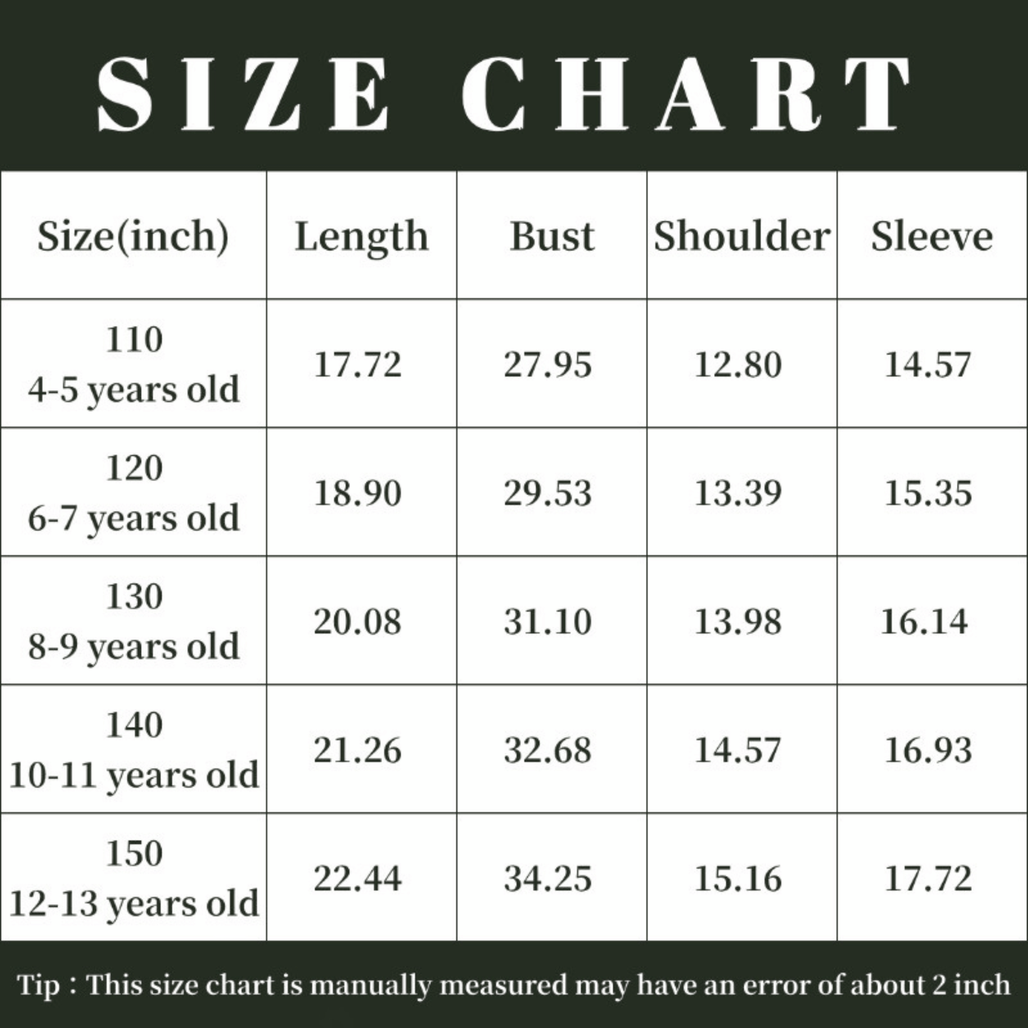 Size chart for clothing measurements in inches