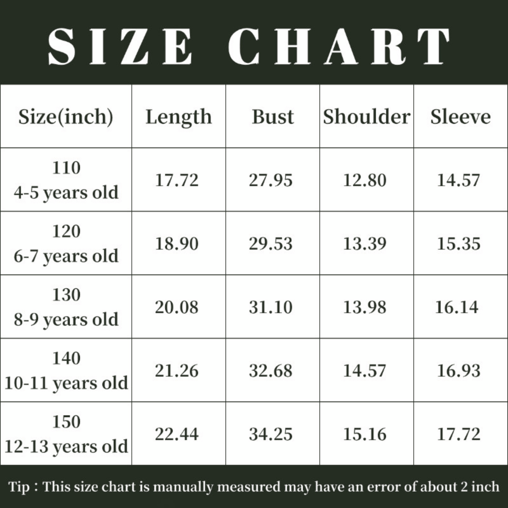 Size chart for clothing measurements in inches