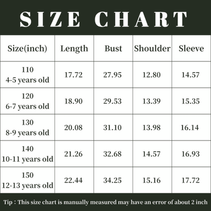 Size chart for clothing measurements in inches