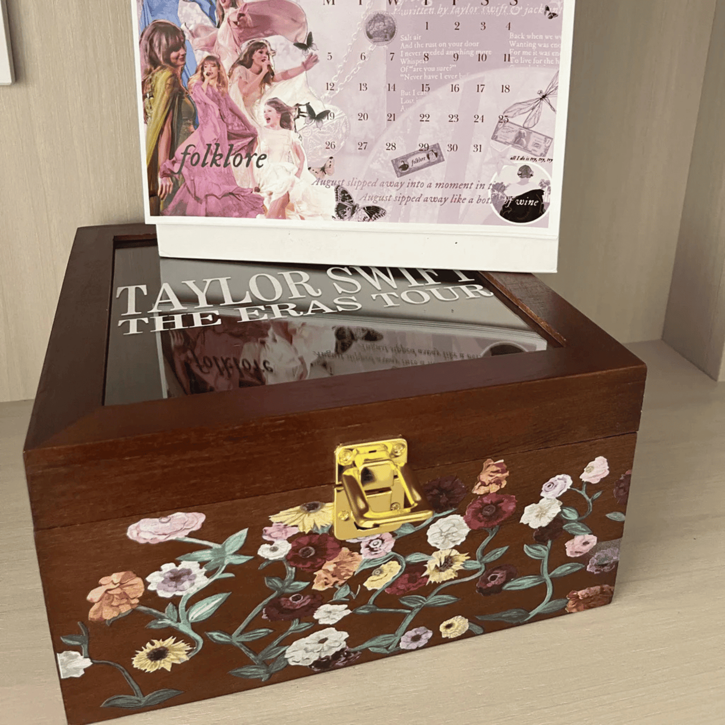 Taylor Swift Storage Wooden Box with floral design and 'Taylor Swift The Eras Tour' text inside, with a Swiftie calendar - Shoptown Boutique
