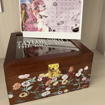 Taylor Swift Storage Wooden Box with floral design and 'Taylor Swift The Eras Tour' text inside, with a Swiftie calendar - Shoptown Boutique