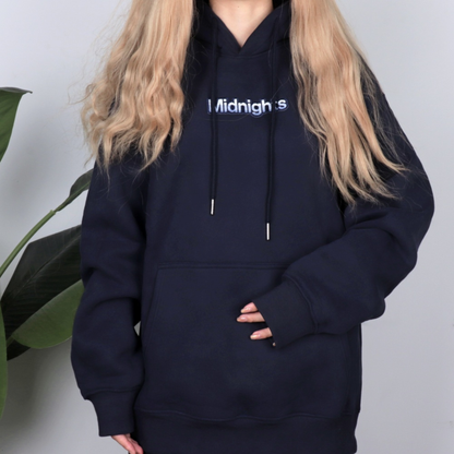 Midnights Hoodie Taylors Version - Navy blue embroidered eras knit hoodie front view