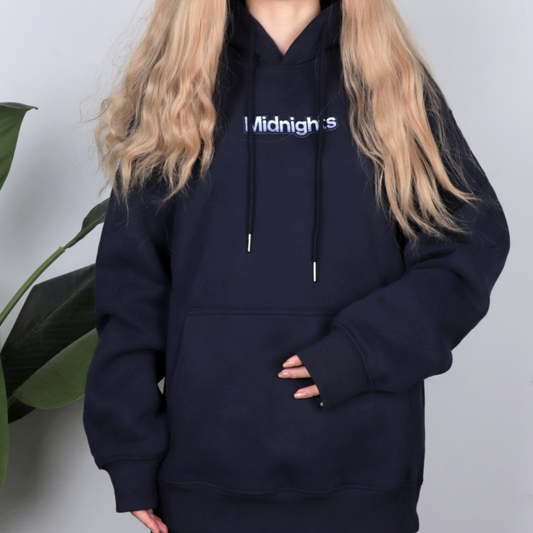 Midnights Hoodie Taylors Version - Navy blue embroidered eras knit hoodie front view