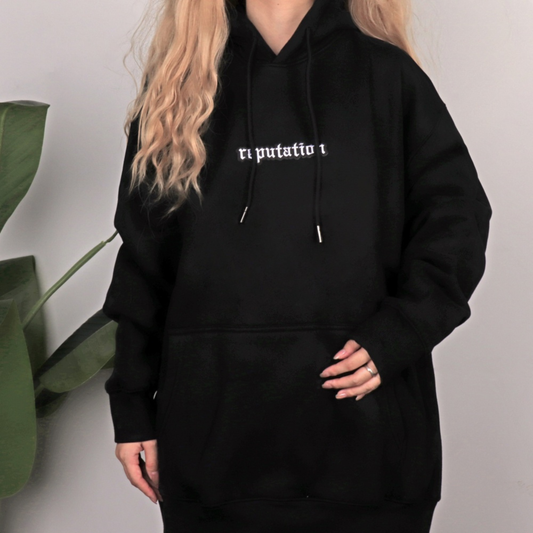 Taylors Reputation Hoodie - Black multicolor embroidered eras knit hoodie front view