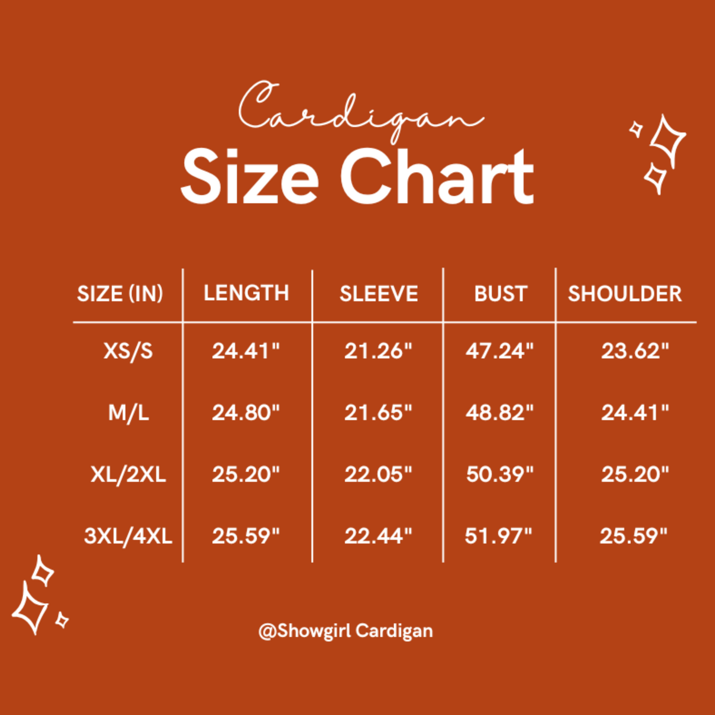 Taylor Swift Showgirl Cardigan size chart with measurements