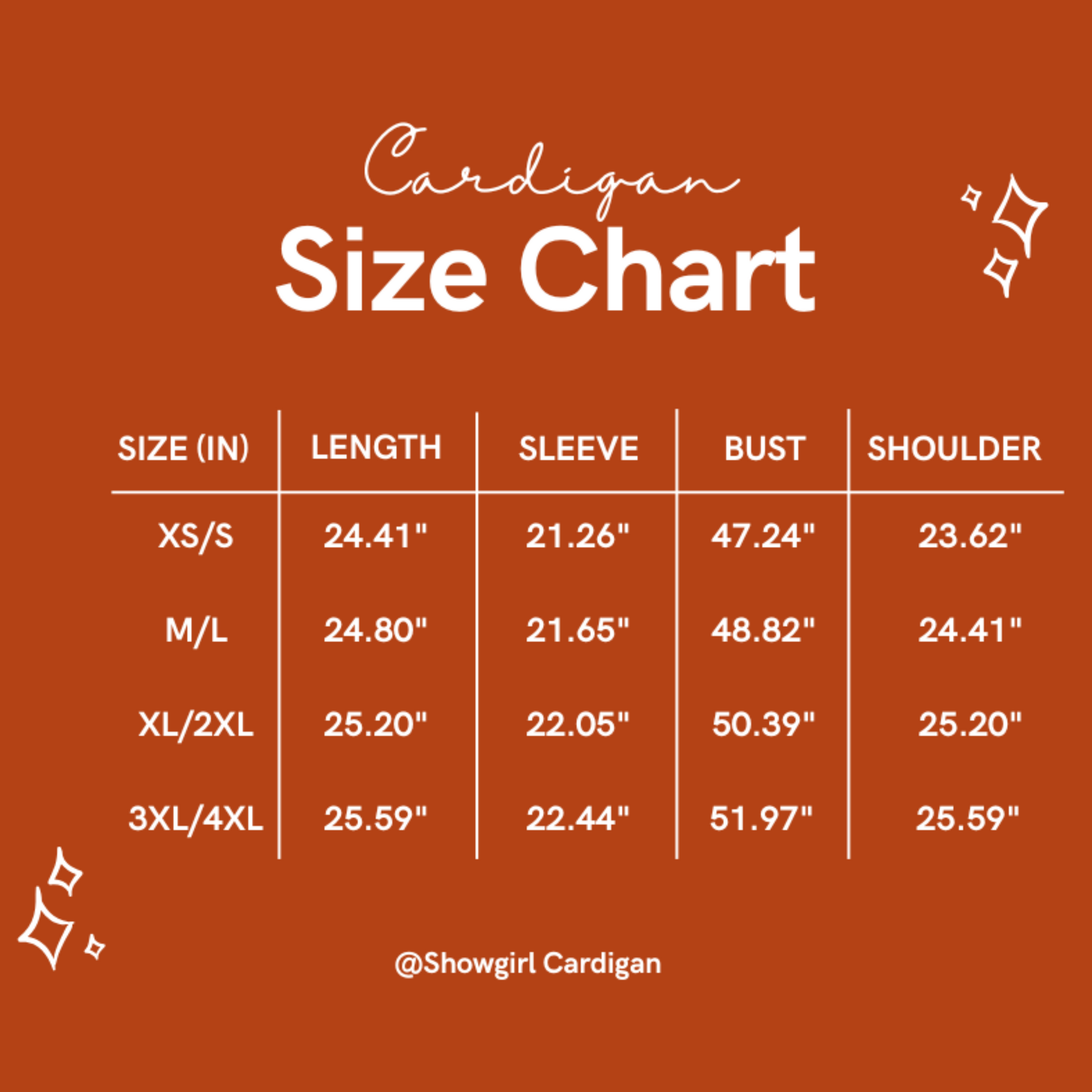 Taylor Swift Showgirl Cardigan size chart with measurements