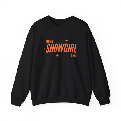 Black sweatshirt with orange text 'IN MY SHOWGIRL ERA' on a white background